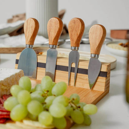 Bamboo Cheese Cutting Board & Knife Set Wooden Serving Boards & Cheese Knives