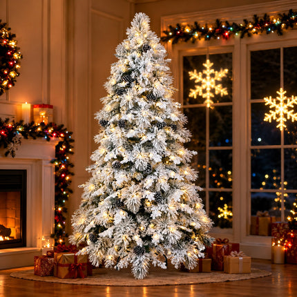180cm Snow Flocked Christmas Tree Warm 220 LEDs Light Pre Lit Pine Cone Winter Xmas Decor