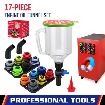 17-Piece Engine Oil Funnel Set 12 Adapters Elbow Fitting Magnetic Storage Tray