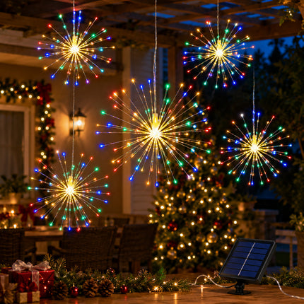 Solar Powered Multicolour LED 5 Head Firework Christmas Hanging Lights 8 Modes Copper Wire
