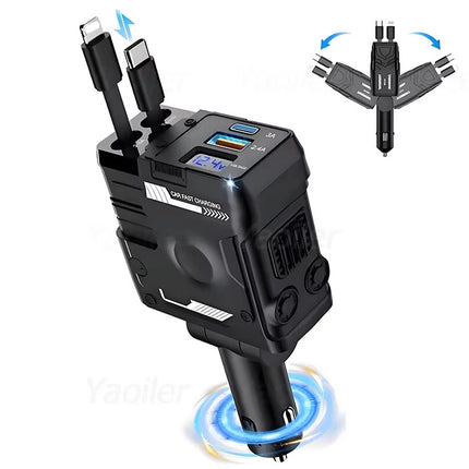 120w 4 IN 1 Retractable Car Fast Charger 2 Cable With USB Type C Port Adapter