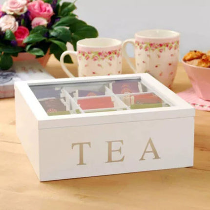 Wooden Tea Box 9-Compartment Tea Bag Chest Box Storage Organizer With Glass Lid