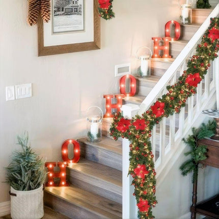Red with Lights 9FT Xmas Christmas Garland Artificial Wreath with LED Lights Stairs Home Rattan