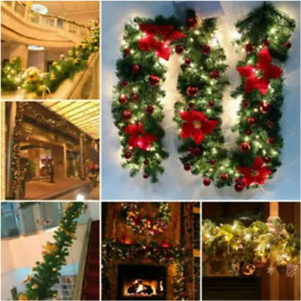 2.7M Christmas Garland with Lights / Flower /Pinecone Xmas Home Stairs Fireplace Red with Lights