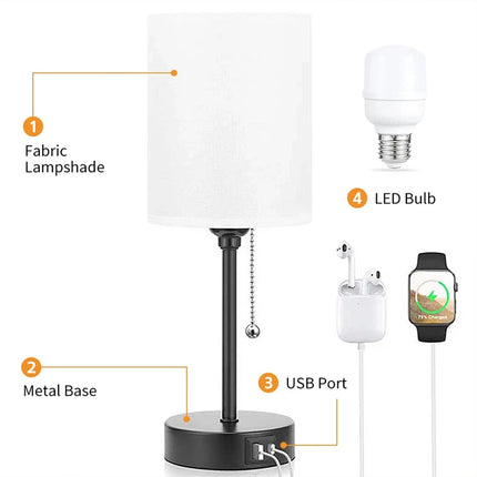 2 PACK Bedside Lamps Linen Table Light USB Port 3 Way Dimmable Pull Chain Switch Beige 2Pcs