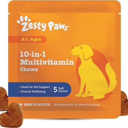 Zesty Paws Dog Multivitamin Travel Pack 5 Chews Joint Gut Skin Beef Formula