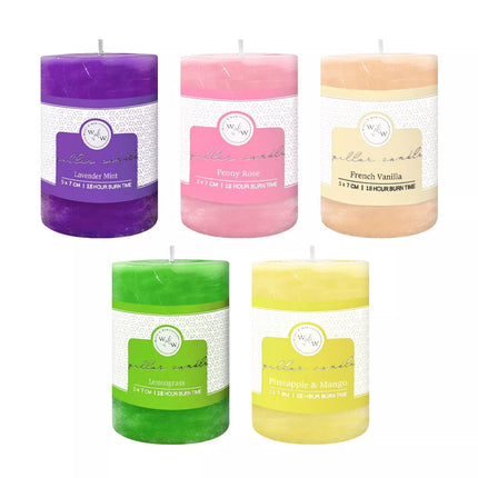 5x Scented Pillar candles 10 Scents Vanilla Lavender Rose Black Cherry 5x7CM