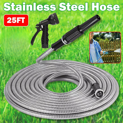 Metal Garden Hose 25FT Flexible Lightweight Water Pipe Stainless Steel