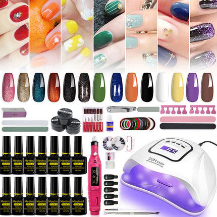 Full Gel Nail Polish Kit LED Lamp Dryer Nail Manicure Grinder With 1000pcs Nail Tips