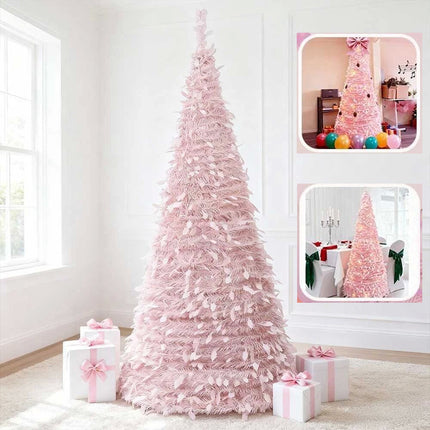 Pink Christmas tree with decorative ribbons and presents in a room setting.