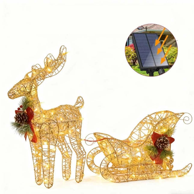 Solar-Powered Set of 2 Christmas Decoration Reindeer and Sleigh LED Yard Xmas