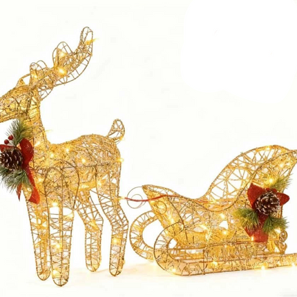 Solar-Powered Set of 2 Christmas Decoration Reindeer and Sleigh LED Yard Xmas