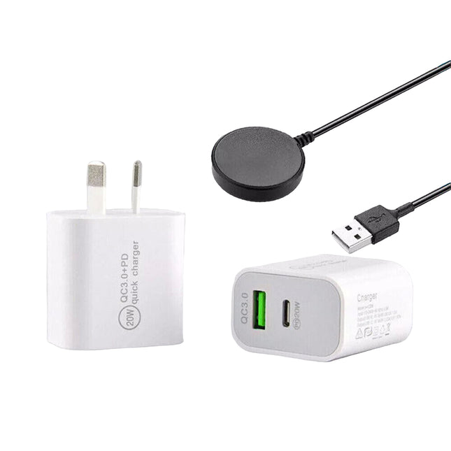 Set of electronic charging devices including a wall adapter, USB cable, and a small round device on a light gray background.