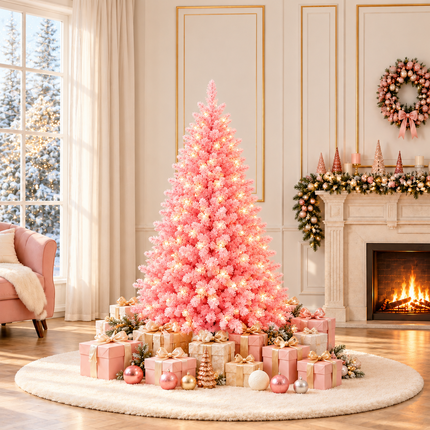 150cm Pink Snow Flocked Christmas Tree Pre-Lit  With LED Light 160 LED Warm White Xmas Decor