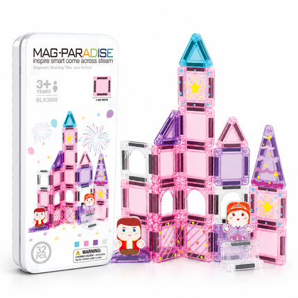 32 Pcs Mini Magnetic Tiles Princess Castle Storage Tin Set Christmas Gift Toy