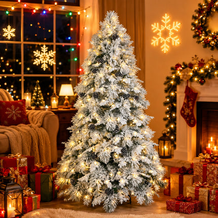 150cm Snow Flocked Christmas Tree Warm 160 LEDs Light Pre Lit Pine Cone Winter Xmas Decor
