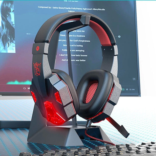 Red Noise Cancelling USB 3.5mm Wired Gaming Headphones Bass HiFi Over Ear Earphone