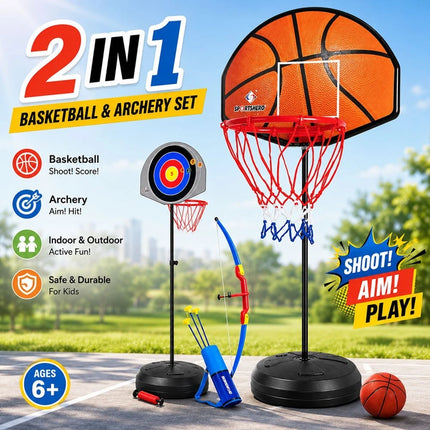 2 in 1 Kids Basketball Hoop & Archery Set Adjustable Height Indoor Outdoor Toy