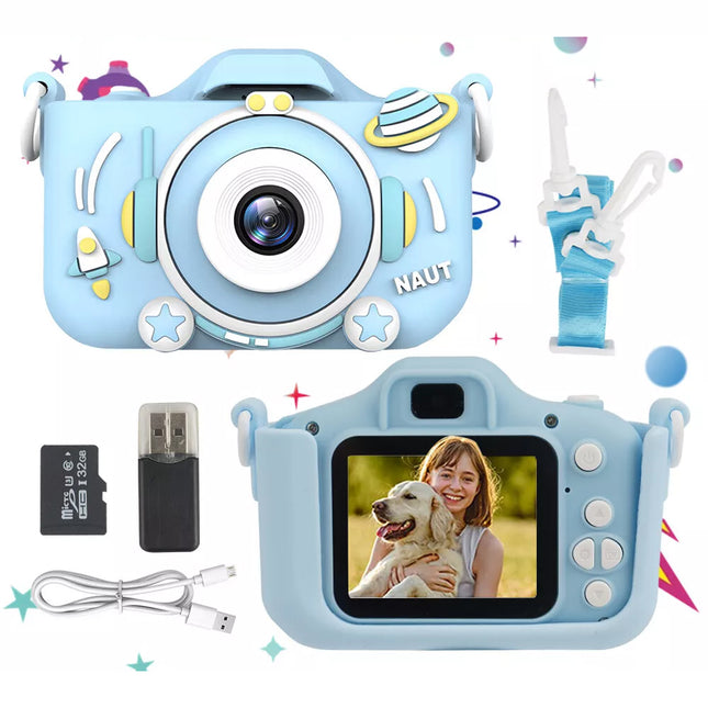 Mini Digital Children Camera HD 1080P LCD Camera Toy Kids Gift + 32G TF Card Blue