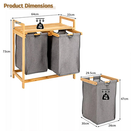 Laundry Baskets Hamper Bamboo Shelf w/ 2 Sliding Washing Clothes Bags