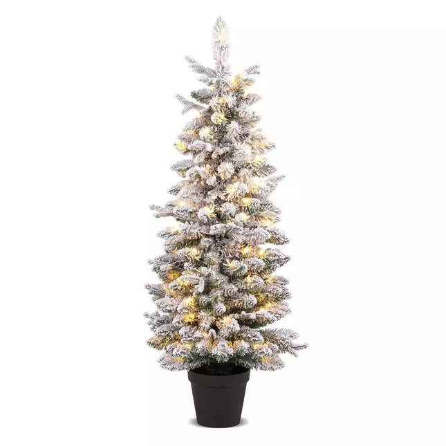 1.2M Pre-lit Potted Christmas Tree Snowy Xmas Decoration w/ 8 Lighting Modes PE