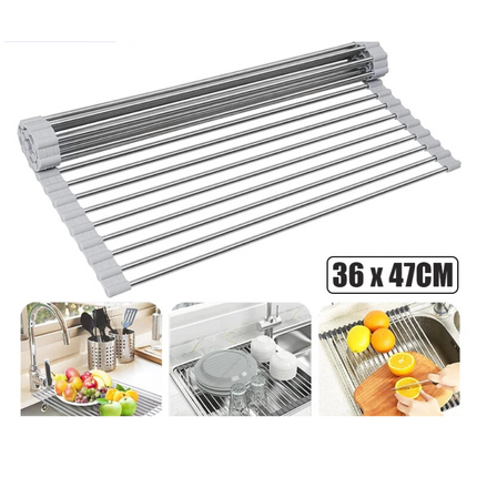 Roll Up Dish Rack Drainer Over Sink Stainless Steel Plate Holder Stand With Tray