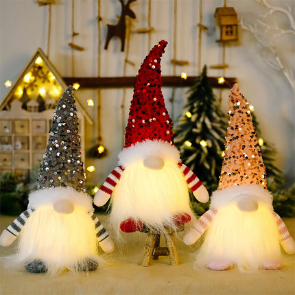 Handmade Christmas Gnome with LED light Santa Elf Figurine Faceless Doll Decor (Red + Pink + Grey)