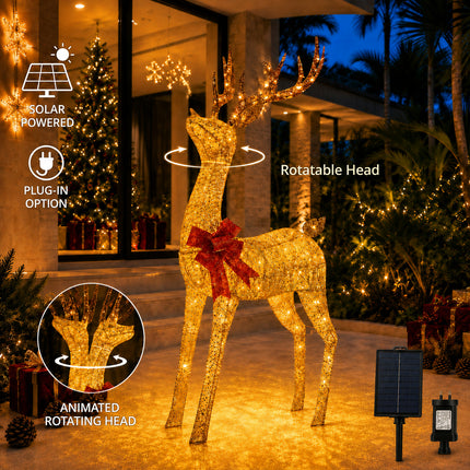 180cm Animated Solar Christmas Reindeer LED Light - Rotating Head, Iron Frame,Indoor & Outdoor