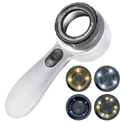 Handheld Rechargeable Magnifying Glass W/4-Color Led Light Read Loupe Magnifier