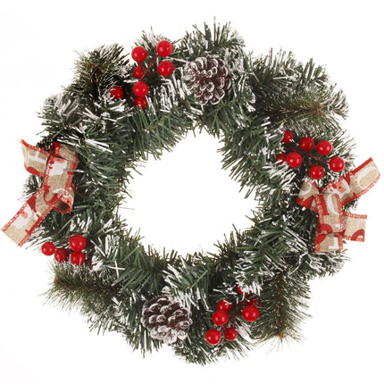 30cm Snow Flocked Christmas Wreath w Red Berries Pine Cones Santa Bowknot Décor