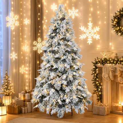 210cm Snow Flocked Christmas Tree Warm 330 LEDs Light Pre Lit Pine Cone Winter Xmas Decor