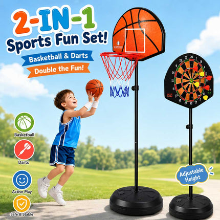 2 in 1 Kids Basketball Hoop & Magnetic Dart Board Set Adjustable Height Indoor