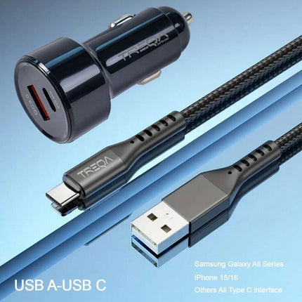 Black USB-C Fast Car Charger with Charging Cable Adapter iPhone Samsung