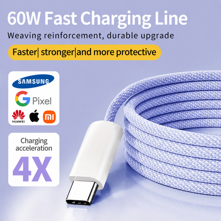 Pink 60W 1M Braided USB C Type C Data Charger Cable For Samsung Xiaomi Huawei Oppo