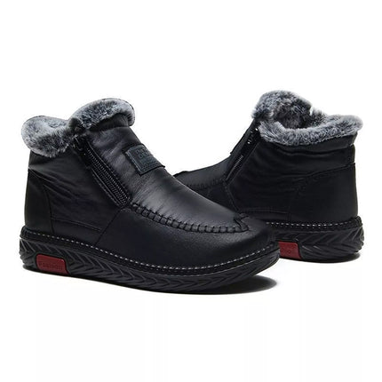 Women Waterproof Leather Warm Fleece Snow Ankle Boots Winter Non-slip Flat Shoes
