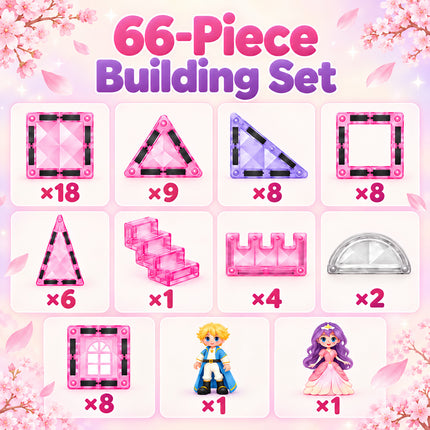 66 Pcs Diamond Magnetic Tiles Pink Princess Castle Building Set Christmas Gift
