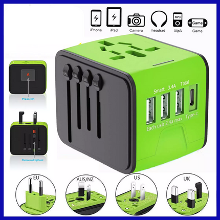 FAST 3.4 / 5A Universal Travel Adapter 3 USB &Type-C Outlet Converter Plug Power