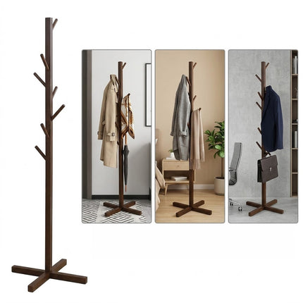 Solid Wooden Coat Rack Stand Tree Clothes Hanger Free Standing Hallway Hat Bag