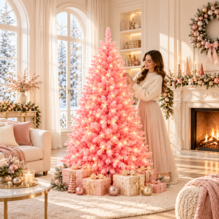 180cm 6FT Pink Snow Flocked Christmas Tree Pre-Lit With LED Light 240 LED Warm White Xmas Decor