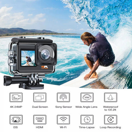 4K Action Camera WIFI 24MP Waterproof EIS Dual Screen Camera