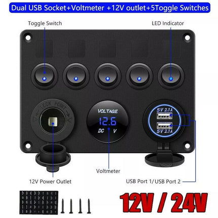 12V Switch Panel USB Charger 5 GANG ON-OFF Toggle LED Rocker for Car Boat Marine