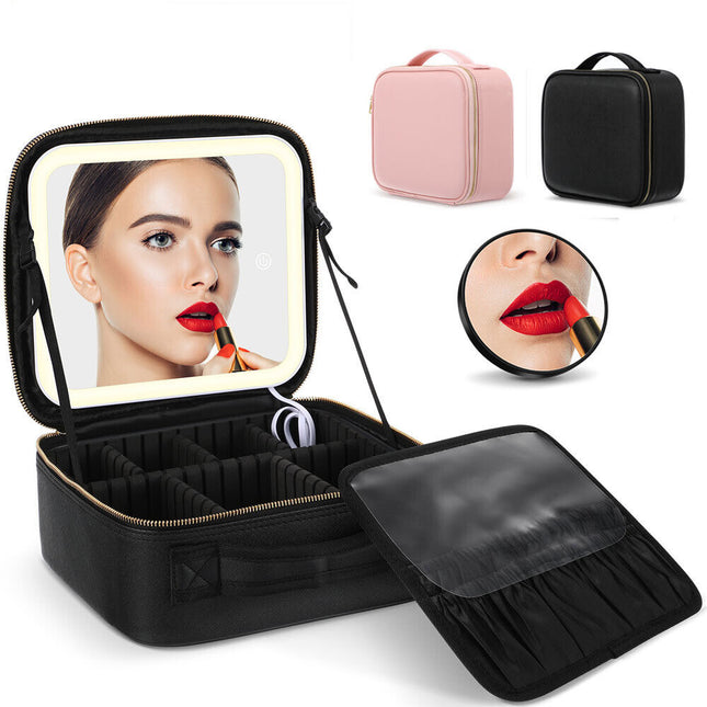Portable Makeup Bag Cosmetic Case Storage Box Travel Organizer With LED Mirror