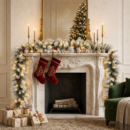 270cm Lush Snow Flocked Christmas Garland Pre-Lit LED Berry Pinecone Battery
