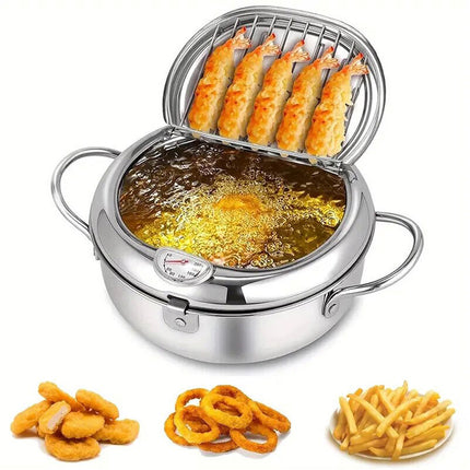 24CM Kitchen Stainless Steel Deep Fryer Frying Pot With Oil Drainer Thermometer & Lid