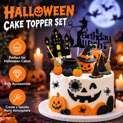 16pcs Halloween Cake Topper Set Party Supplies Witch Pumpkin Decoration