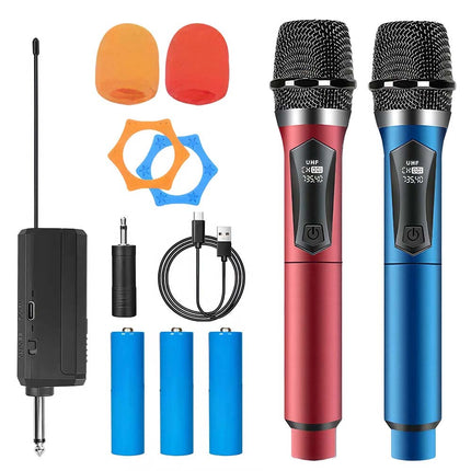 2 pack Wireless Microphone UHF Dynamic Mic System Karaoke Bluetooth Receiver Red + Blue