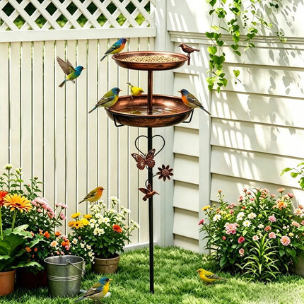 Double Bowl Bird Bath Feeder W/ 5 Prong Freestanding Antique Outdoor Garden Yard