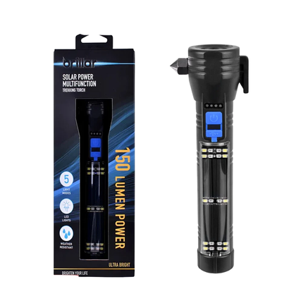 Solar Power LED Flashlight Rechargeable Torch USB Charge Compass Hammer Cutter