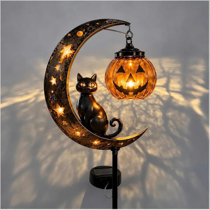 Solar Halloween Black Cat & Pumpkin Moon Garden Stake Light Hanging Lantern Lamp