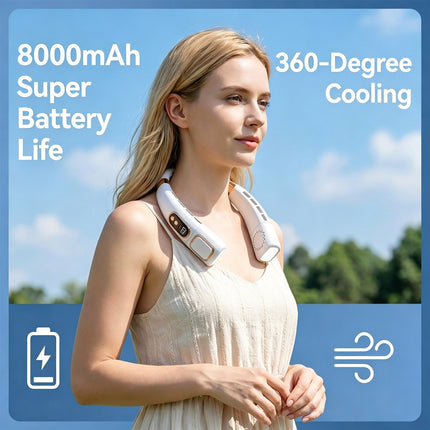 Upgraded 8000mAh Neck Fan Portable Cooler USB Rechargeable Cooling Lazy Neckband  White